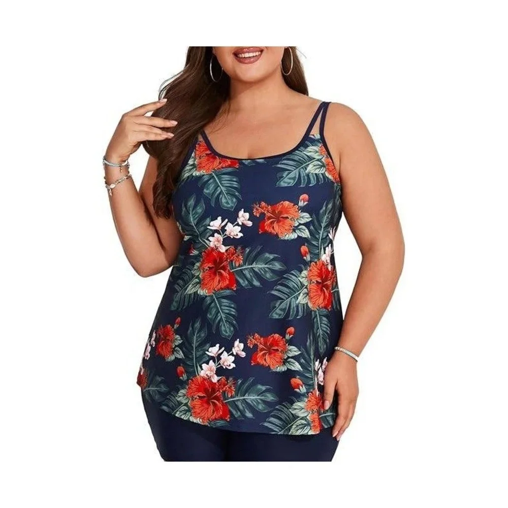 Hanna Nikole Women Navy Floral Hibiscus Tankini Swim Only Top 24W NWT